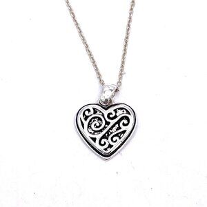 LA 925 Sterling Silver Filigree Heart Charm Pendant Chain Necklace 16 Inch